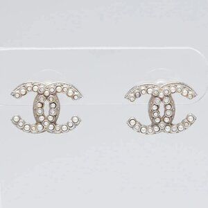 Chanel Silver Metal Faux Pearl and Crystal CC Stud Earrings